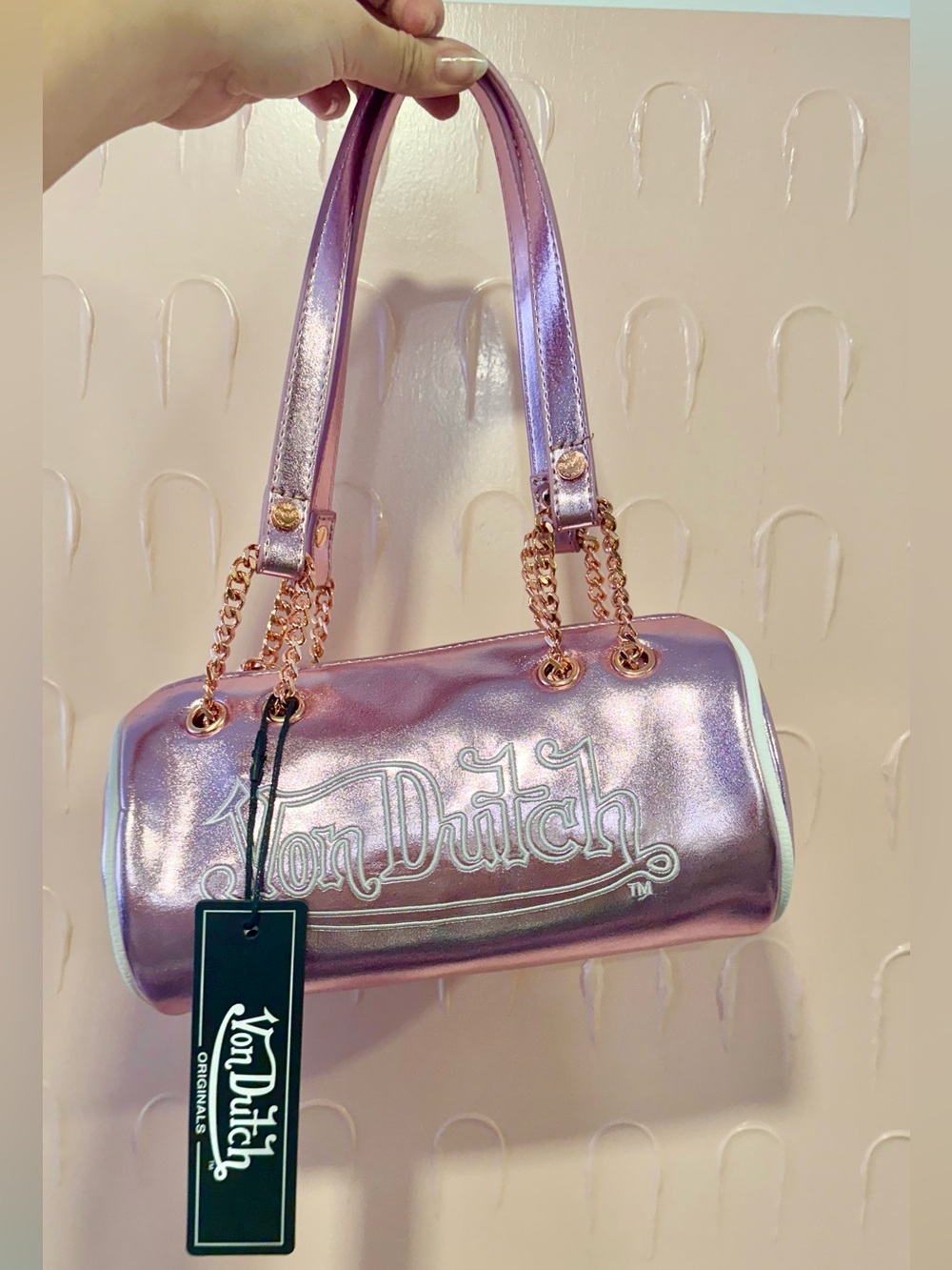 NEW Von Dutch Metallic Pink Barrel Shoulder Bag